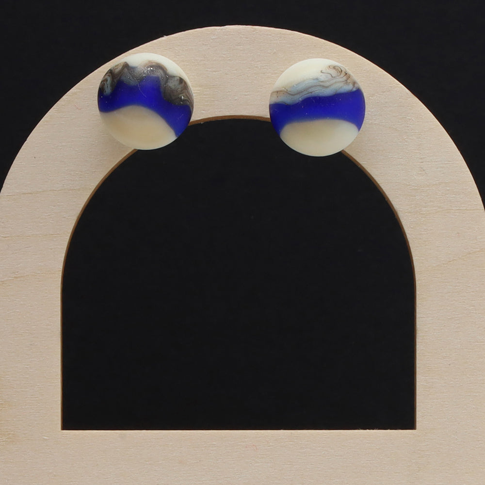 Frosted Dark Blue and Ivory Glass Stud Earrings
