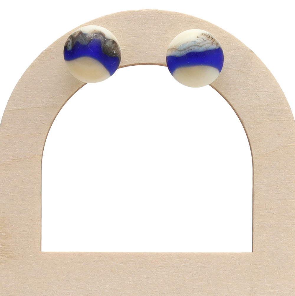 Frosted Dark Blue and Ivory Glass Stud Earrings