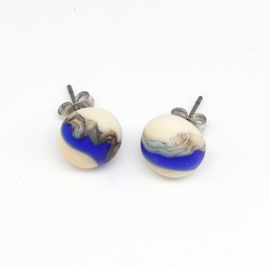 Frosted Dark Blue and Ivory Glass Stud Earrings