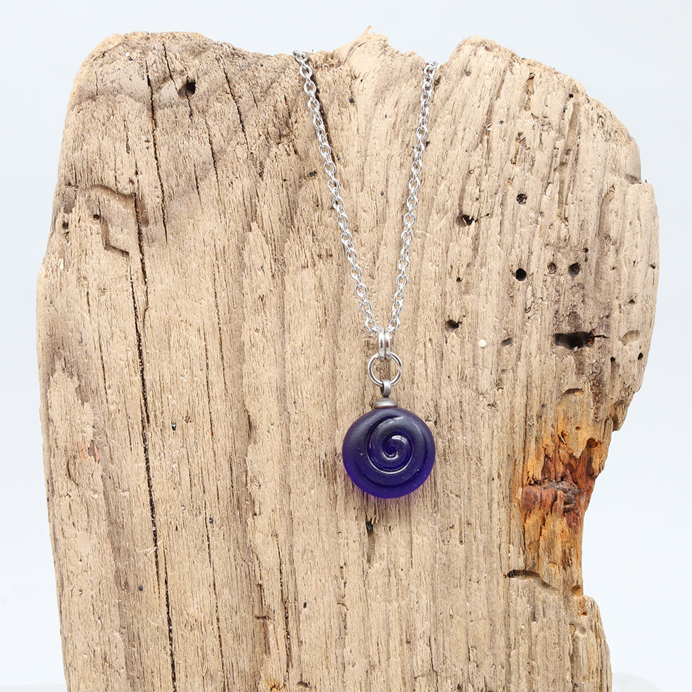 Frosted Dark Blue Spiral Charm Stainless Steel Necklace