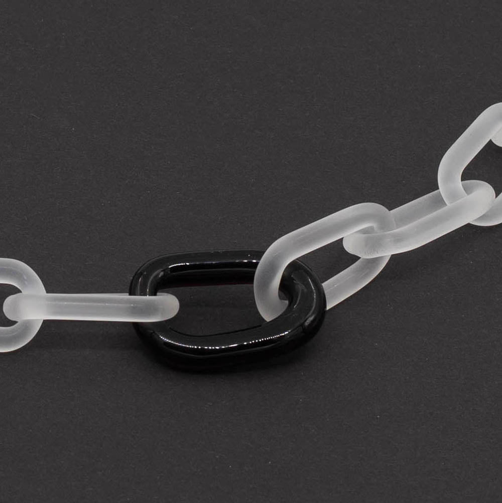 Close up of frosted clear and shiny black glass links