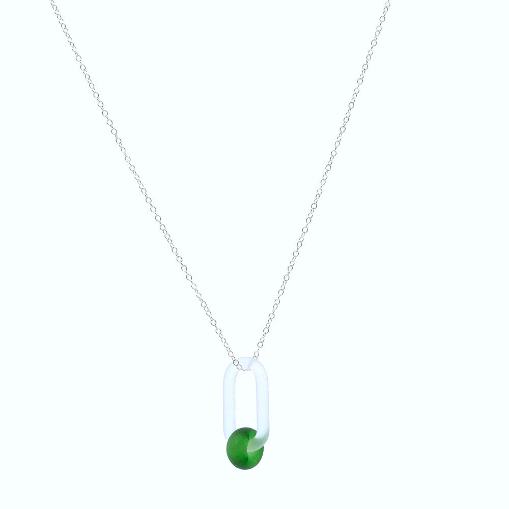 Frosted clear glass link and green gin bottle glass bead necklace.