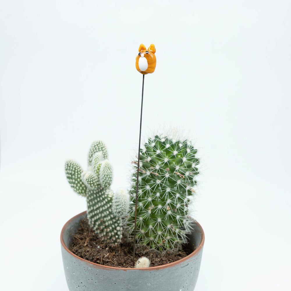 A ginger glass cat with white bib and amber eyes on a metal stake. The stake sits in a pop with cactii.