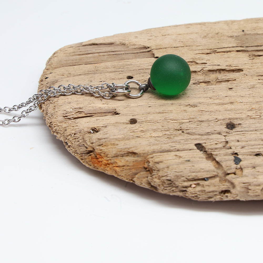 Frosted Green Sphere Charm Stainless Steel Necklace