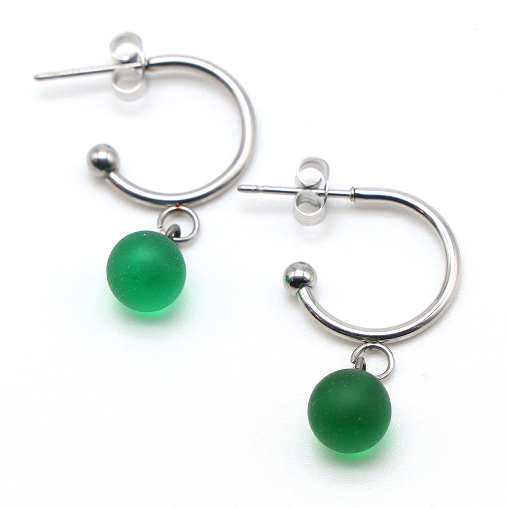 Frosted Green Glass Half Hoop Earrings