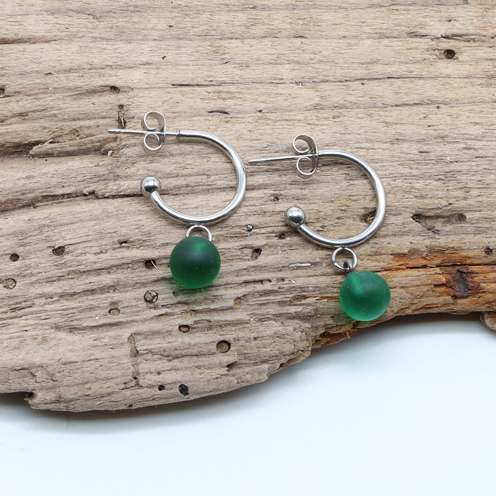 Frosted Green Glass Half Hoop Earrings