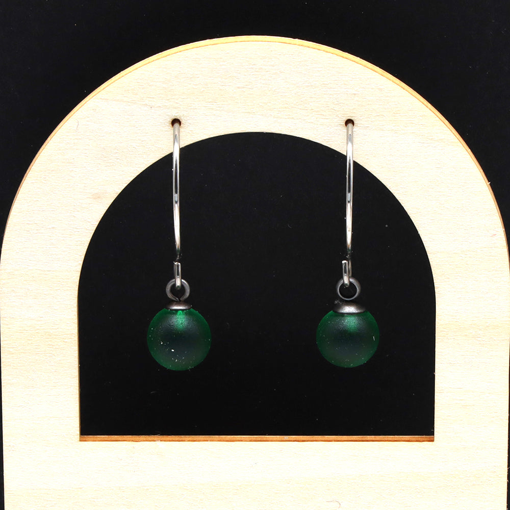 Frosted Green Glass Hook Earrings