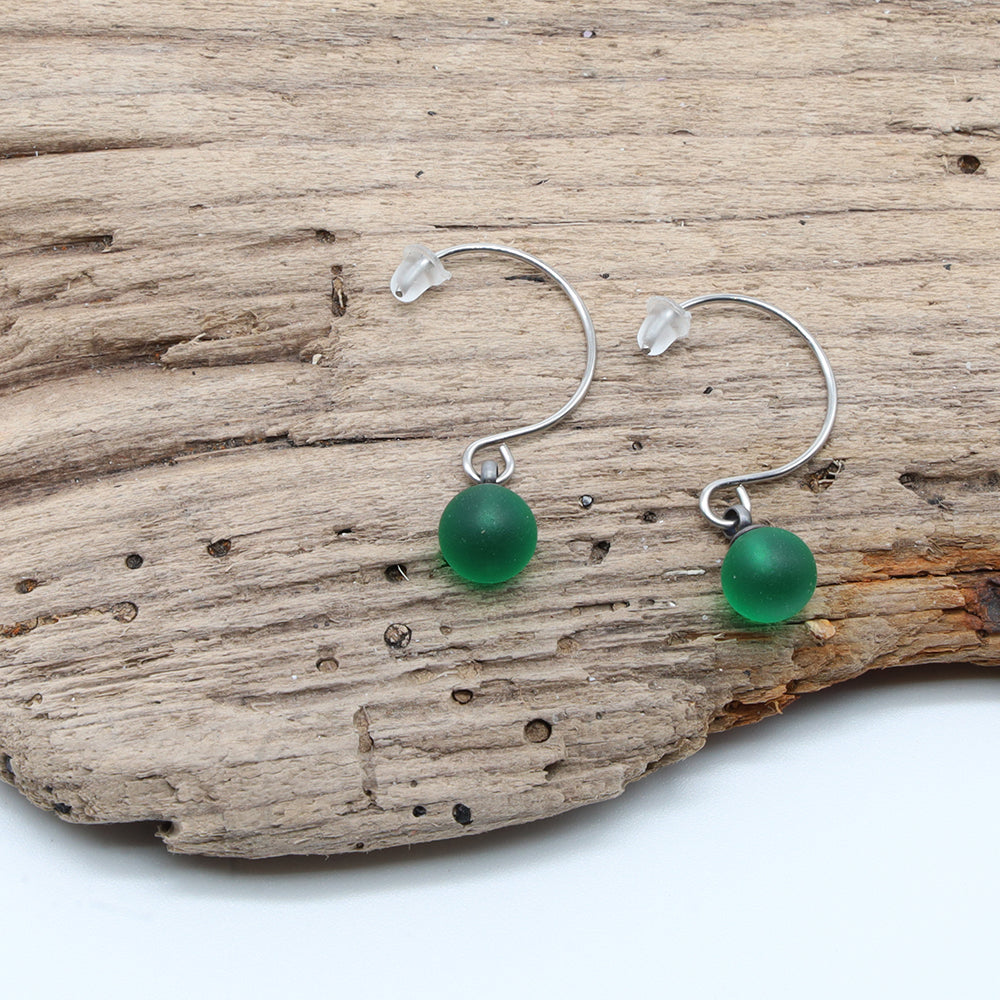 Frosted Green Glass Hook Earrings