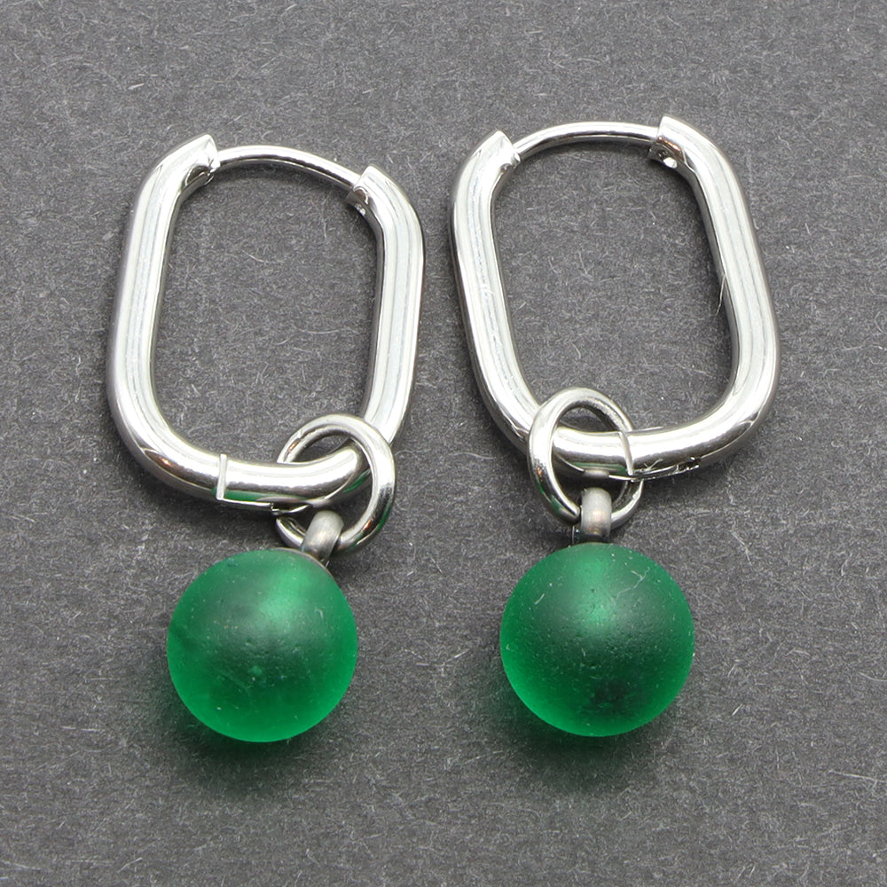 Frosted Green Glass Oval Hoop Earrings