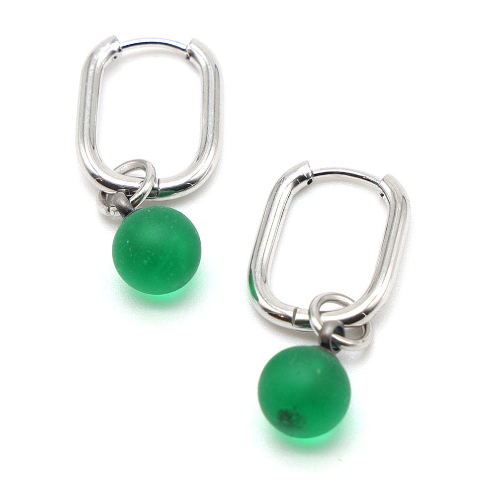 Frosted Green Glass Oval Hoop Earrings