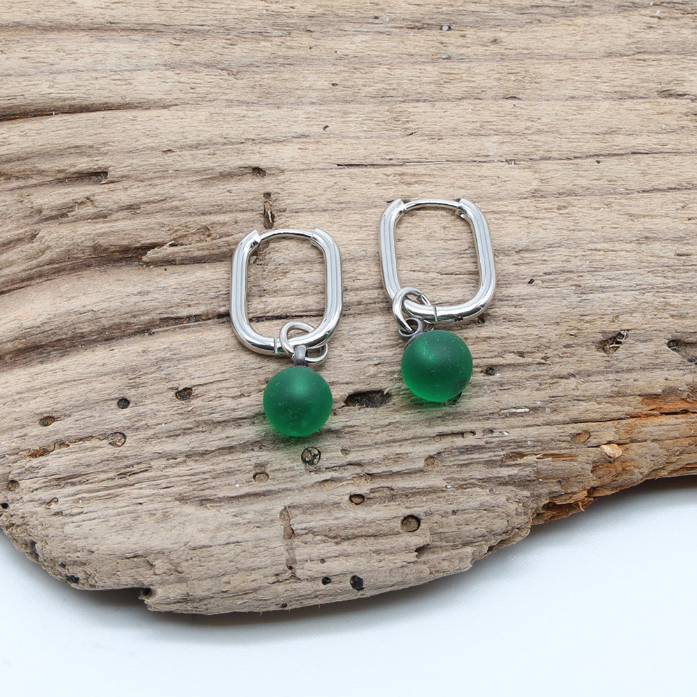 Frosted Green Glass Oval Hoop Earrings