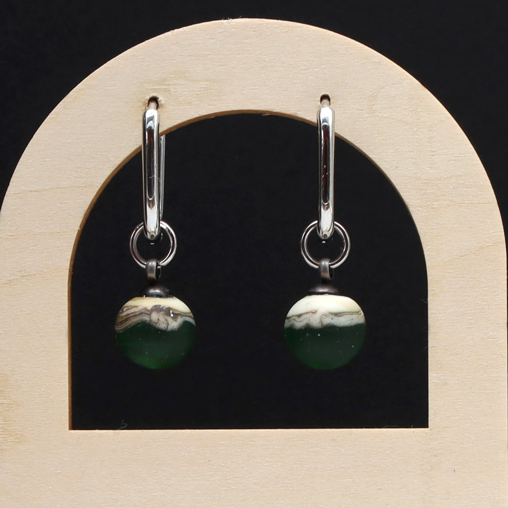 Frosted Green and Ivory Glass Oval Hoop Earrings