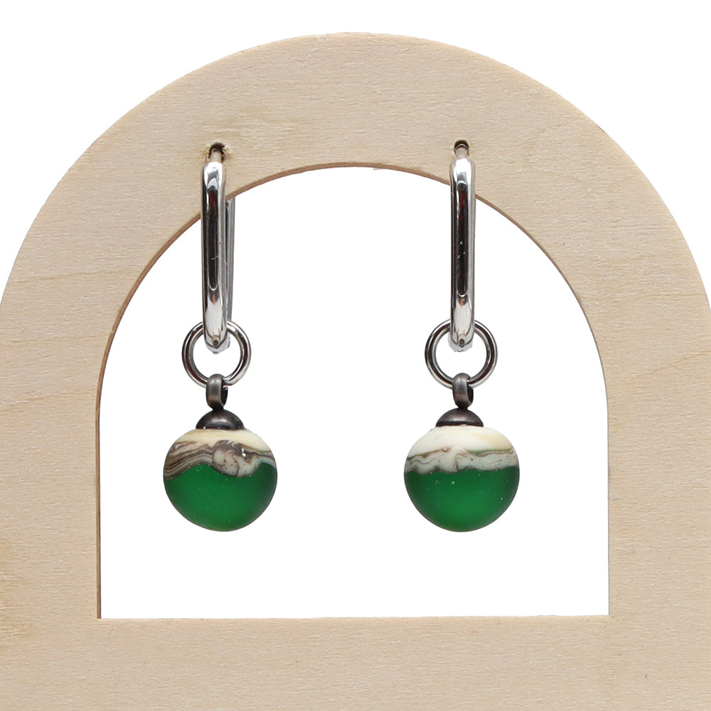 Frosted Green and Ivory Glass Oval Hoop Earrings