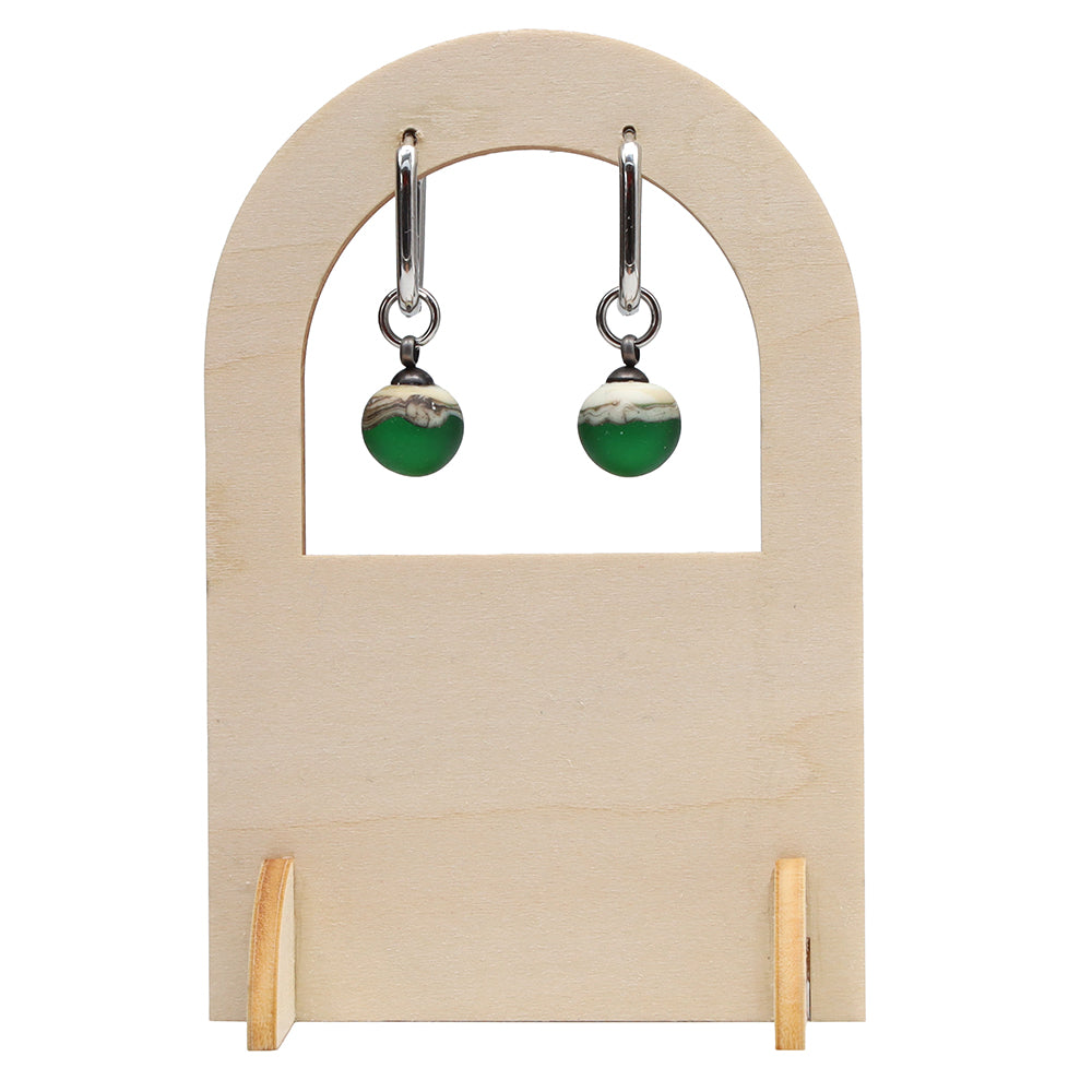 Frosted Green and Ivory Glass Oval Hoop Earrings
