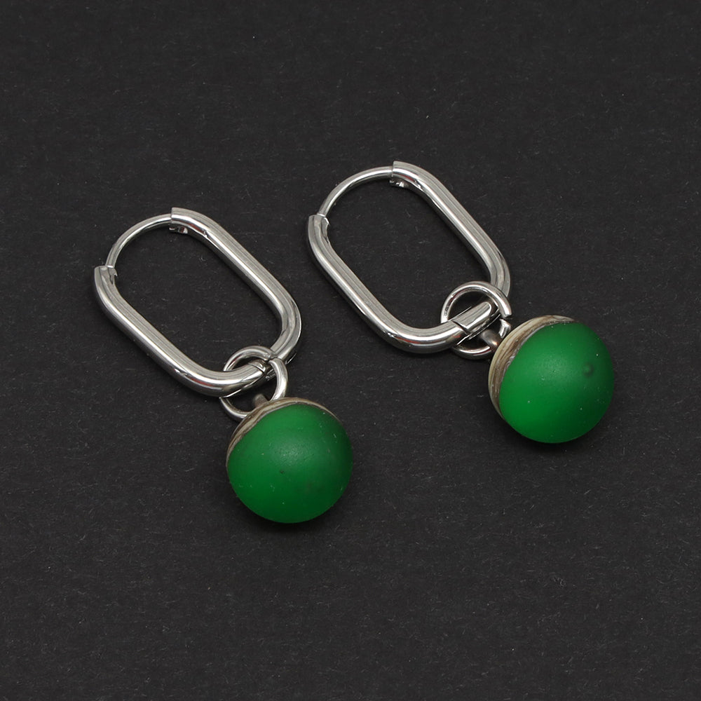 Frosted Green and Ivory Glass Oval Hoop Earrings