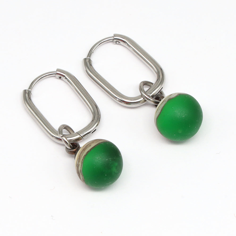 Frosted Green and Ivory Glass Oval Hoop Earrings