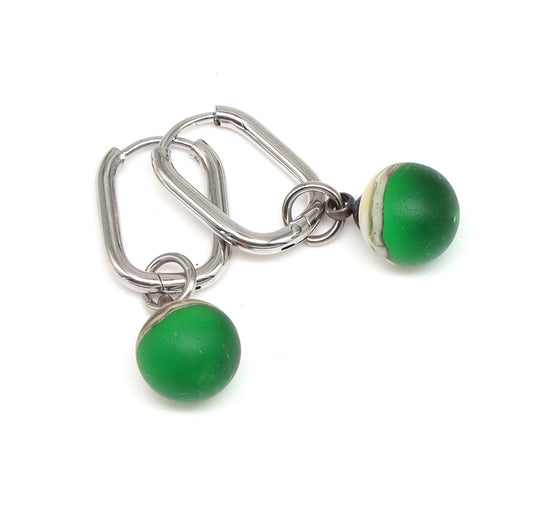 Frosted Green and Ivory Glass Oval Hoop Earrings