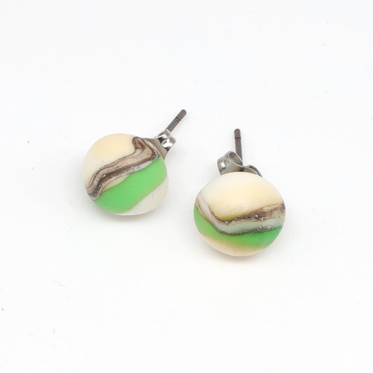 Frosted Green and Ivory Glass Stud Earrings