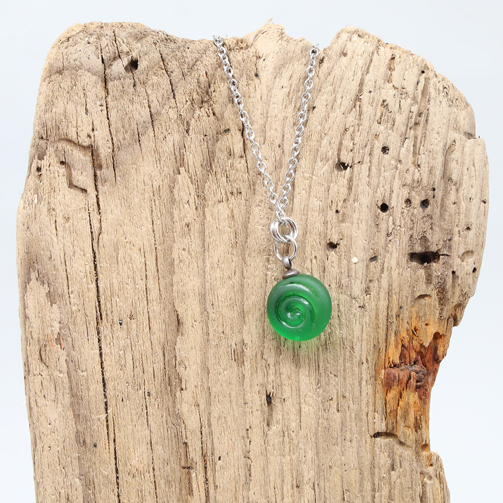 Frosted Green Spiral Charm Stainless Steel Necklace