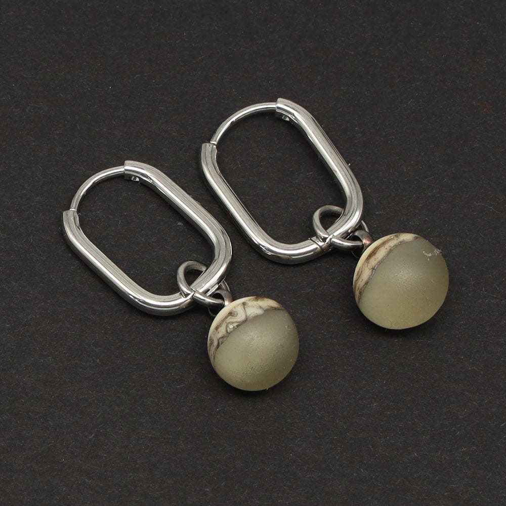 Frosted Grey and Ivory Glass Oval Hoop Earrings