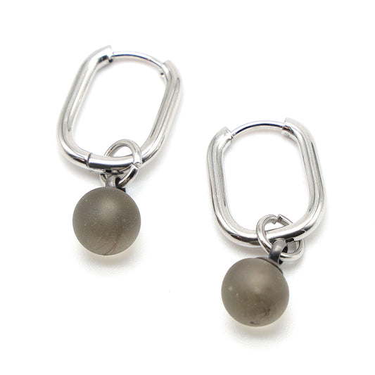 Frosted Grey Glass Oval Hoop Earrings