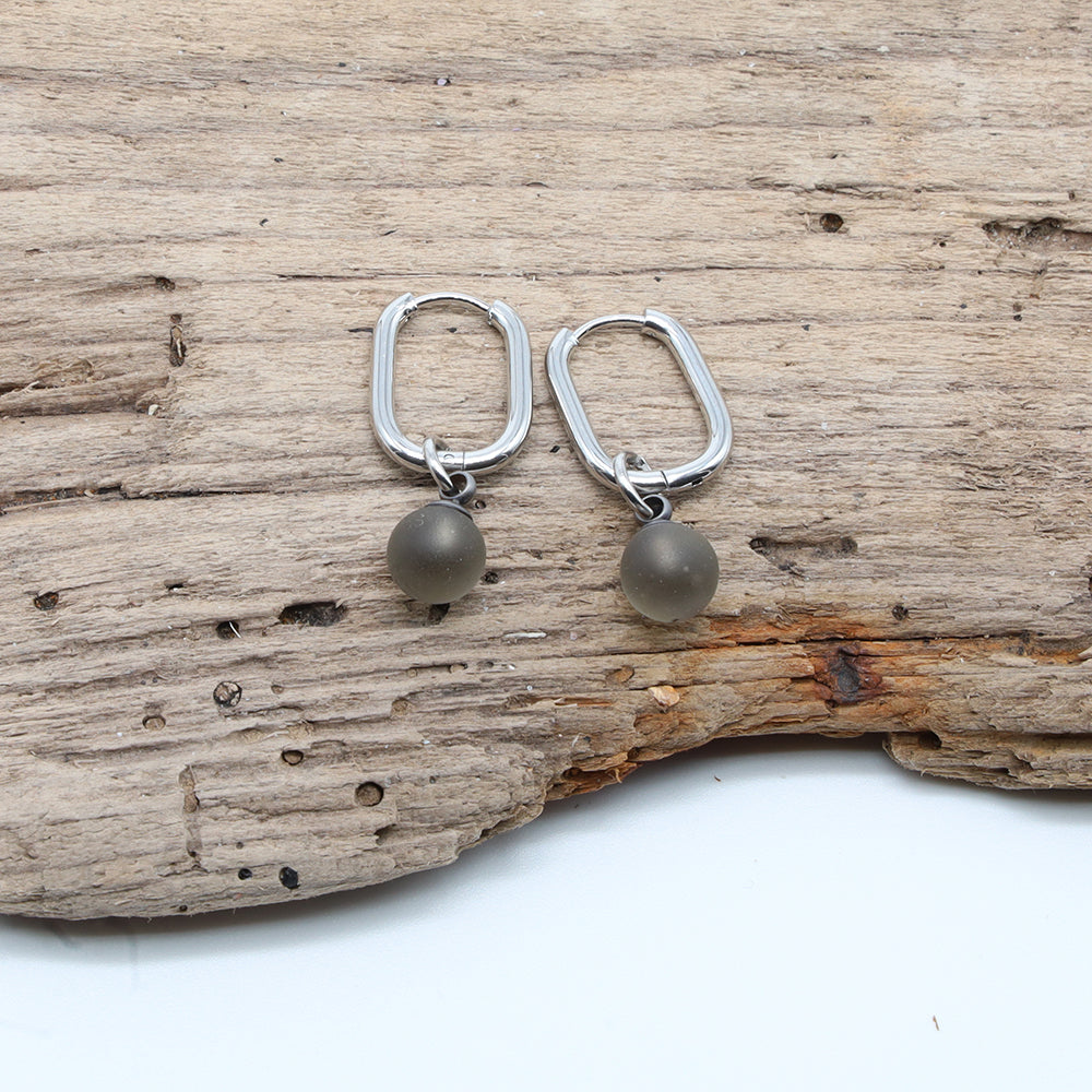 Frosted Grey Glass Oval Hoop Earrings