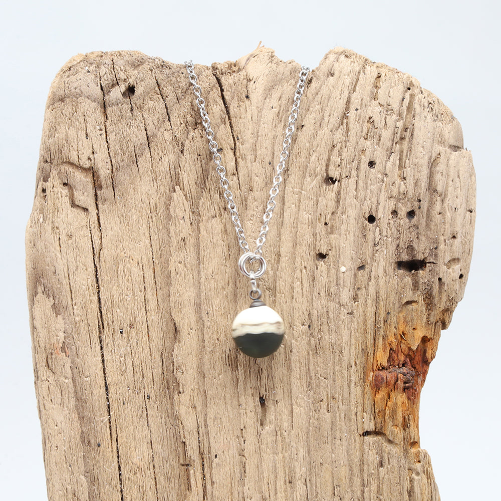 Grey and Ivory Sphere Charm Stainless Steel Necklace