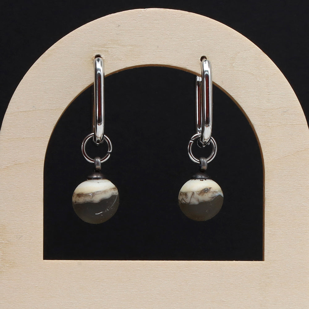 Frosted Grey and Ivory Glass Oval Hoop Earrings