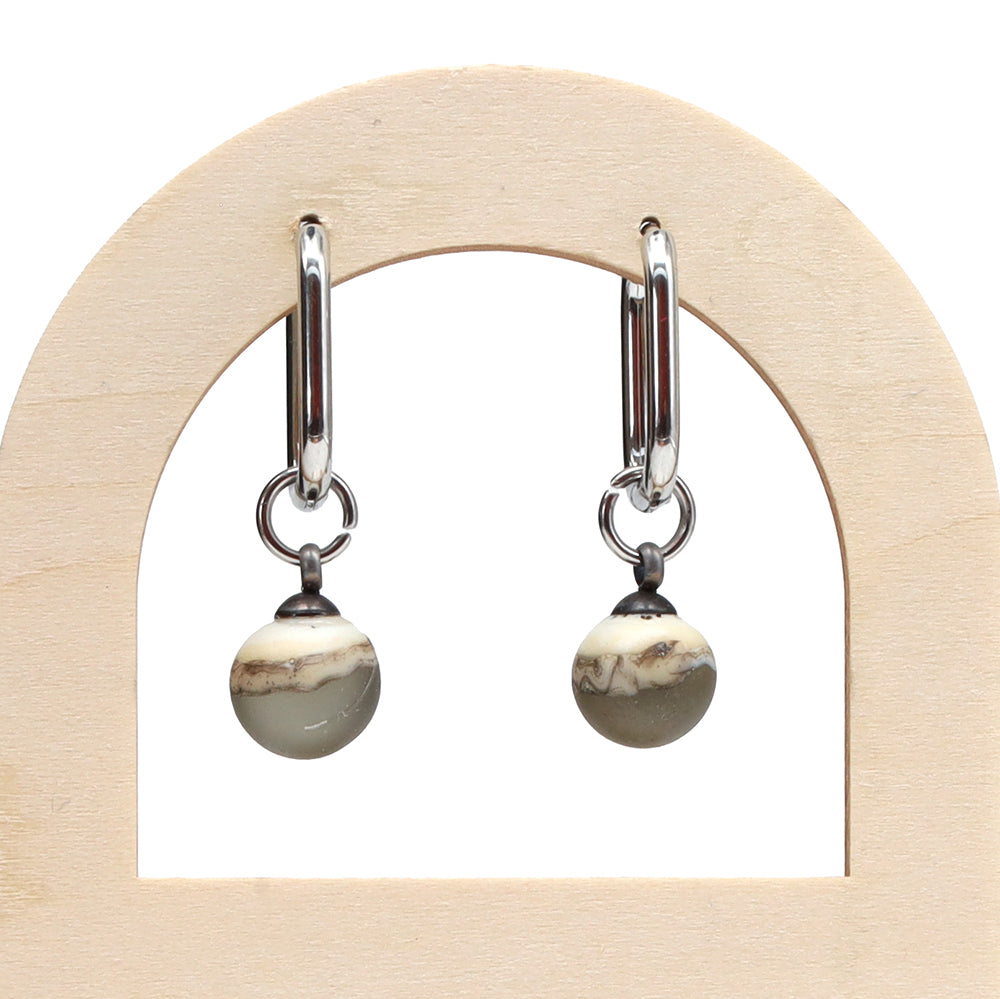 Frosted Grey and Ivory Glass Oval Hoop Earrings