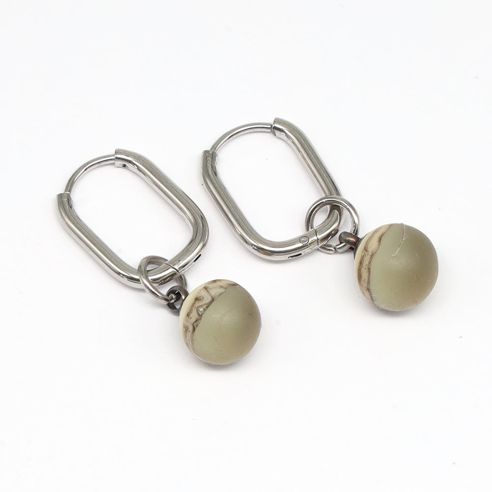 Frosted Grey and Ivory Glass Oval Hoop Earrings