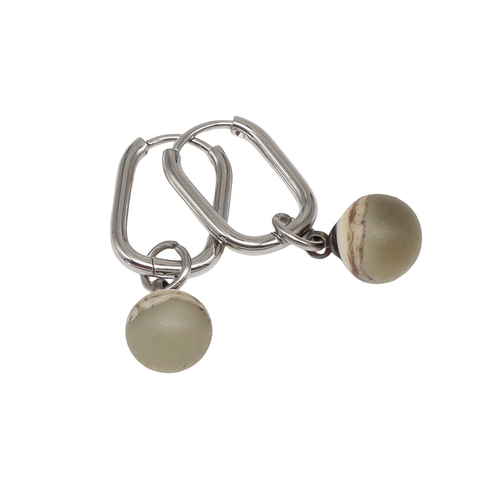 Frosted Grey and Ivory Glass Oval Hoop Earrings
