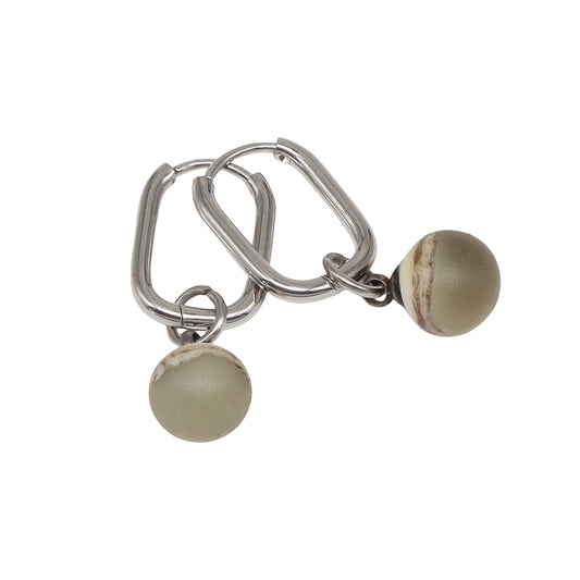 Frosted Grey and Ivory Glass Oval Hoop Earrings