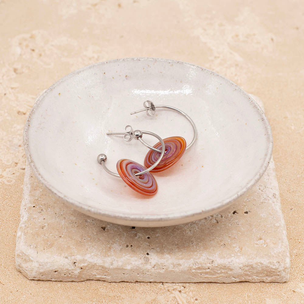 Amber-Purple Glass Spiral Hoop Earrings