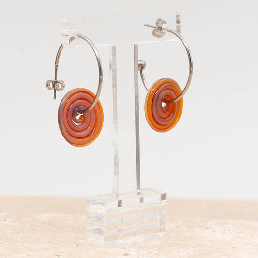 Amber-Purple Glass Spiral Hoop Earrings