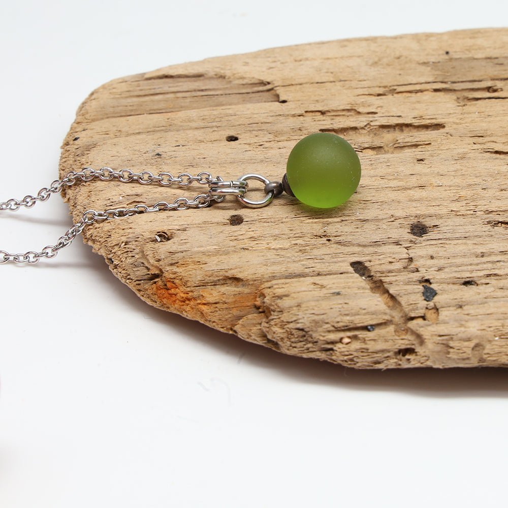 Frosted Lime Sphere Charm Stainless Steel Necklace