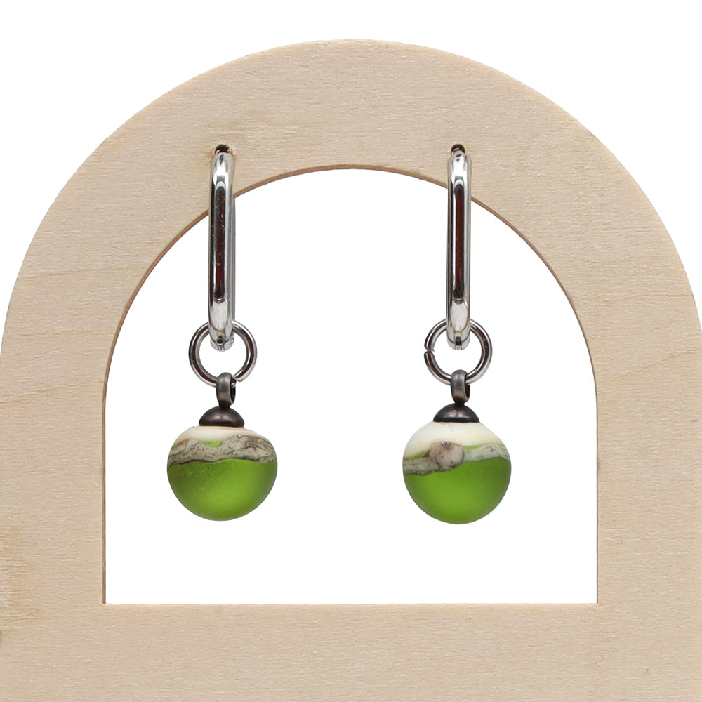 Frosted Lime and Ivory Glass Oval Hoop Earrings