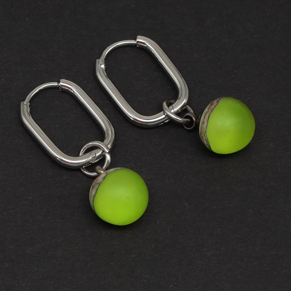 Frosted Lime and Ivory Glass Oval Hoop Earrings