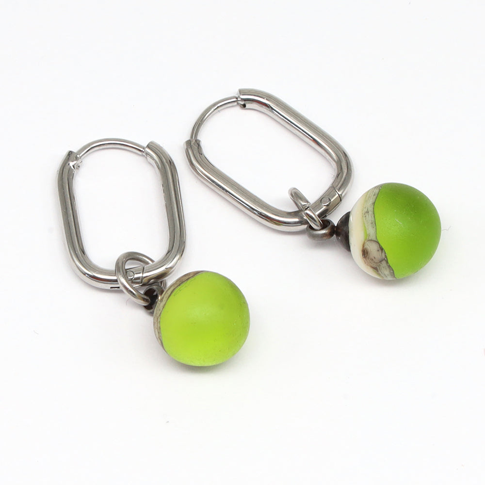 Frosted Lime and Ivory Glass Oval Hoop Earrings