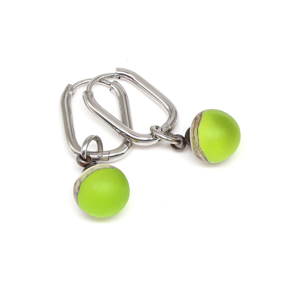 Frosted Lime and Ivory Glass Oval Hoop Earrings