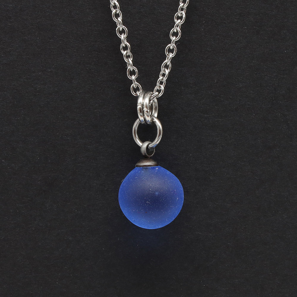 Frosted Mid Blue Sphere Charm Stainless Steel Necklace