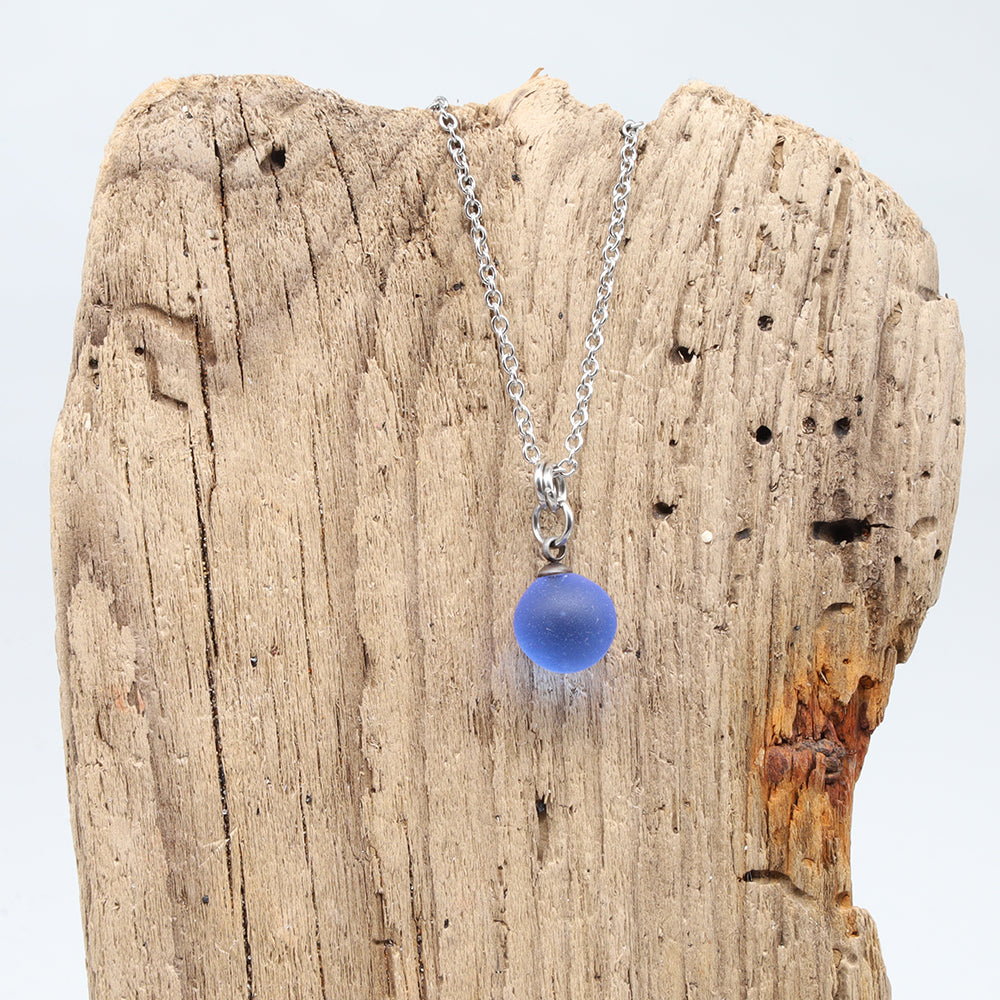 Frosted Mid Blue Sphere Charm Stainless Steel Necklace