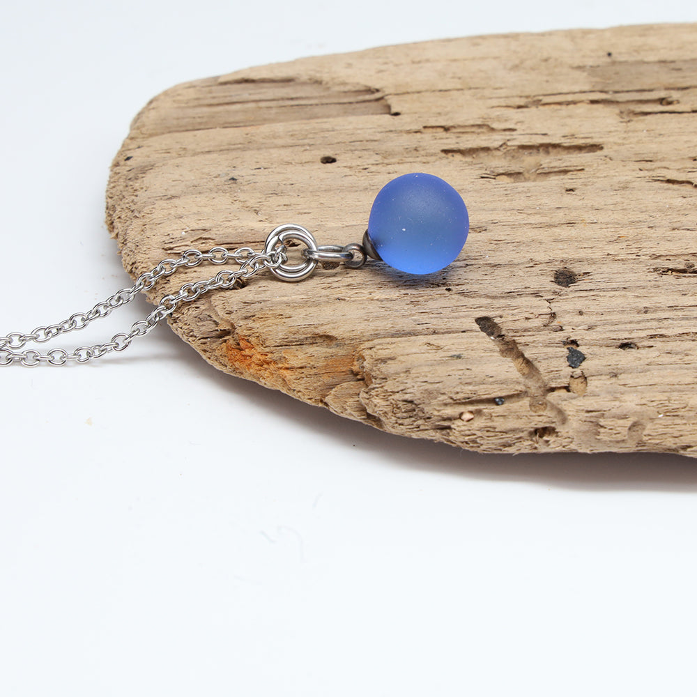 Frosted Mid Blue Sphere Charm Stainless Steel Necklace