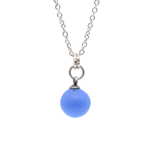 Frosted Mid Blue Sphere Charm Stainless Steel Necklace