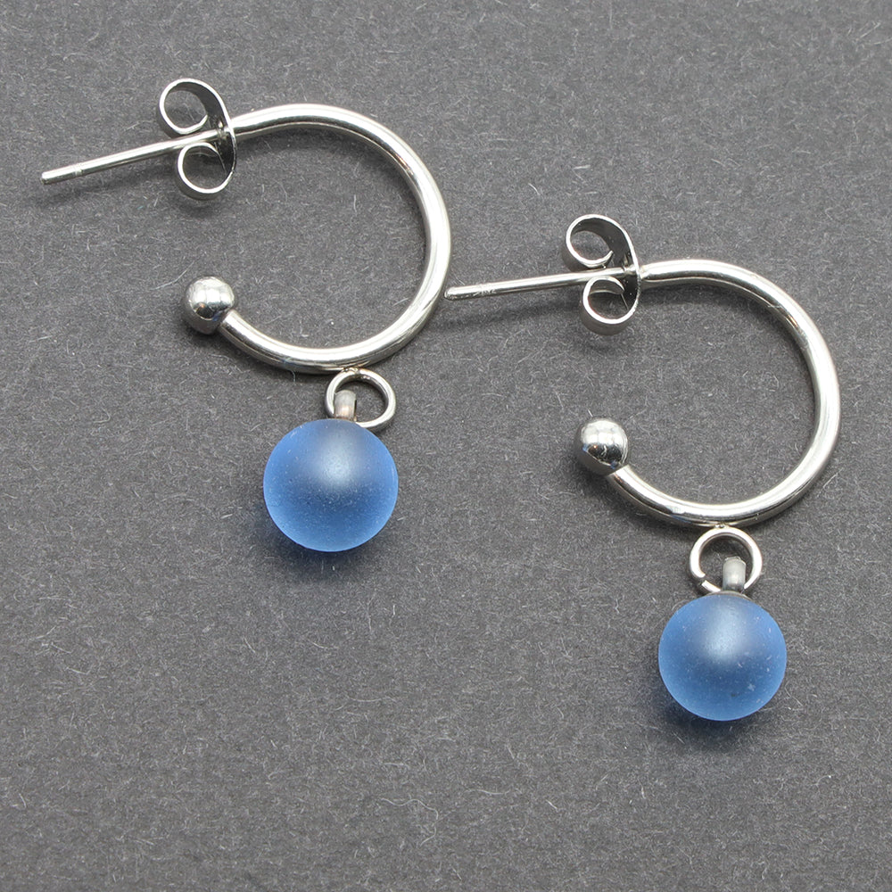 Frosted Mid Blue Glass Half Hoop Earrings