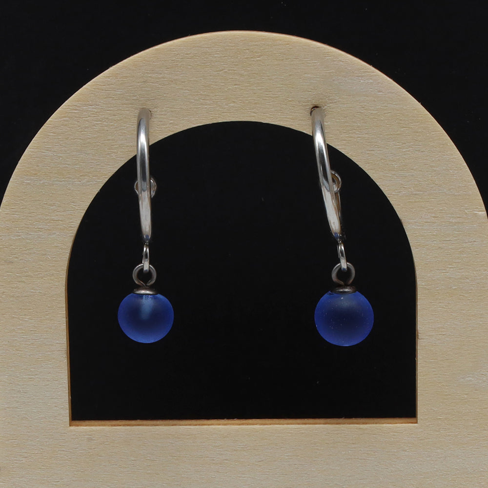 Frosted Mid Blue Glass Half Hoop Earrings