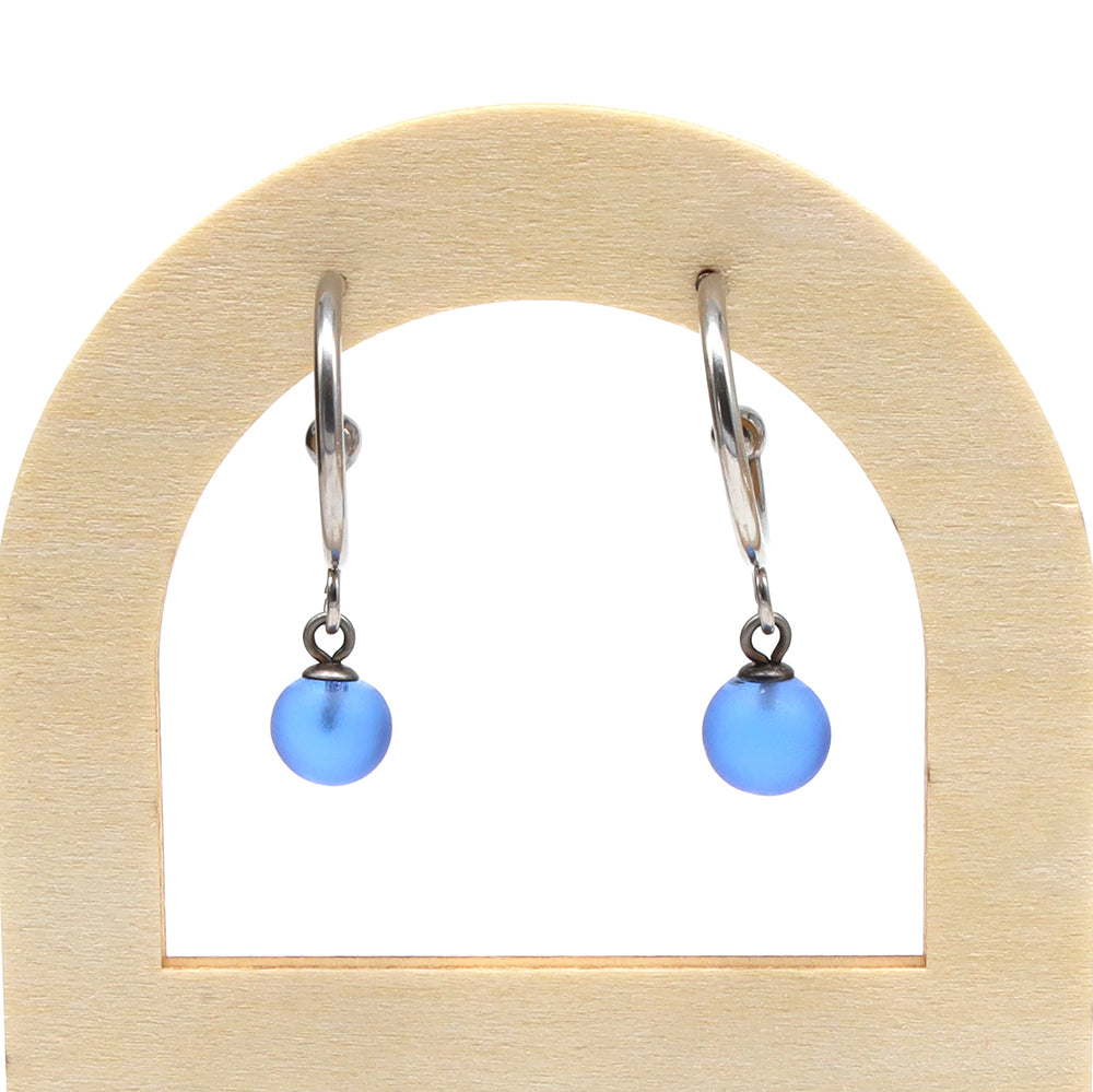 Frosted Mid Blue Glass Half Hoop Earrings