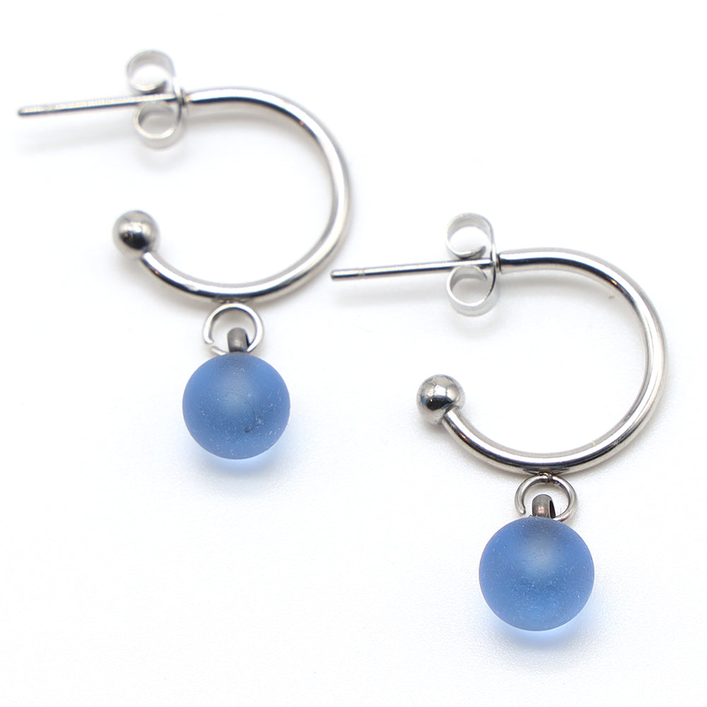Frosted Mid Blue Glass Half Hoop Earrings
