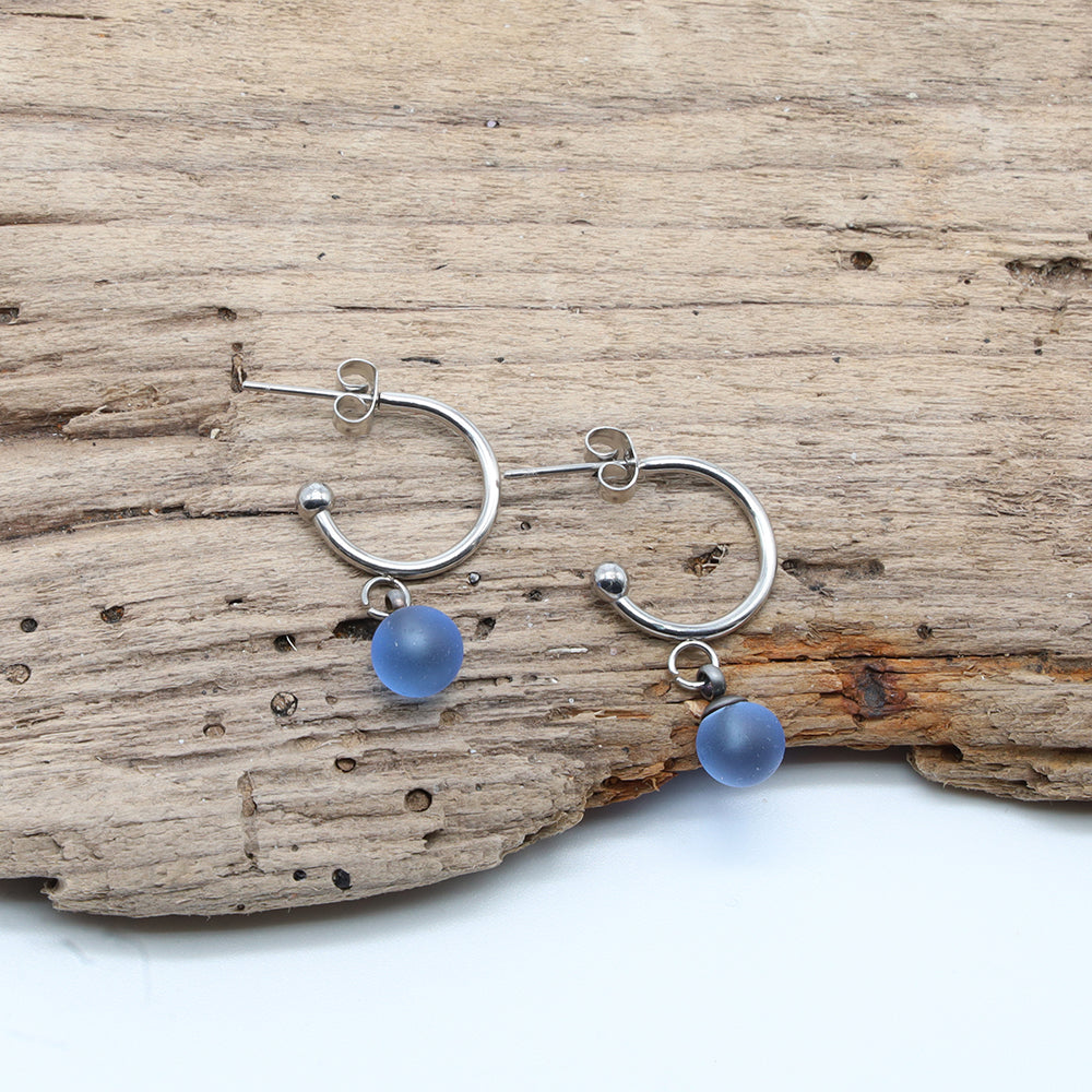 Frosted Mid Blue Glass Half Hoop Earrings