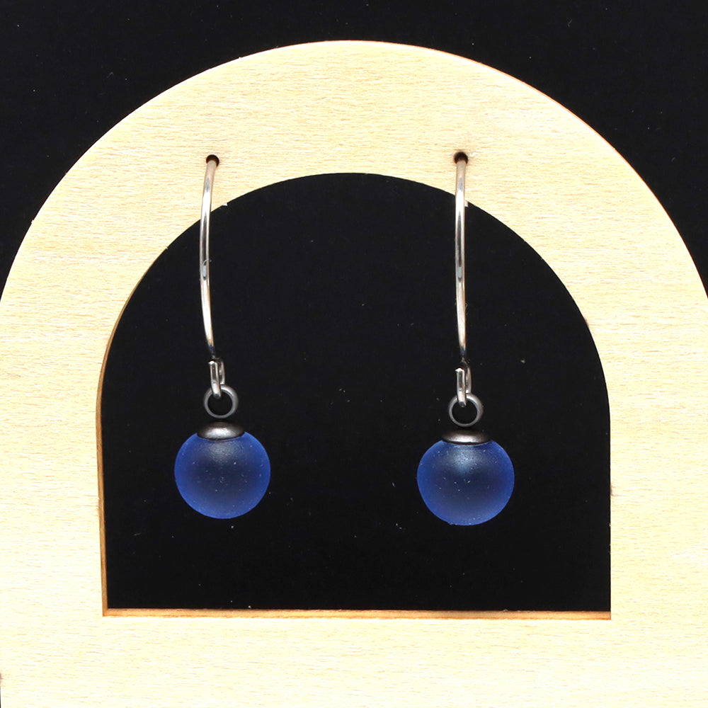 Frosted Mid Blue Glass Hook Earrings