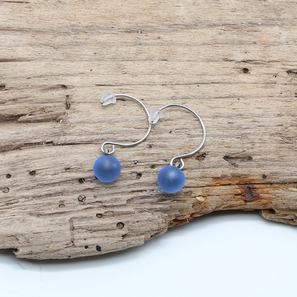 Frosted Mid Blue Glass Hook Earrings